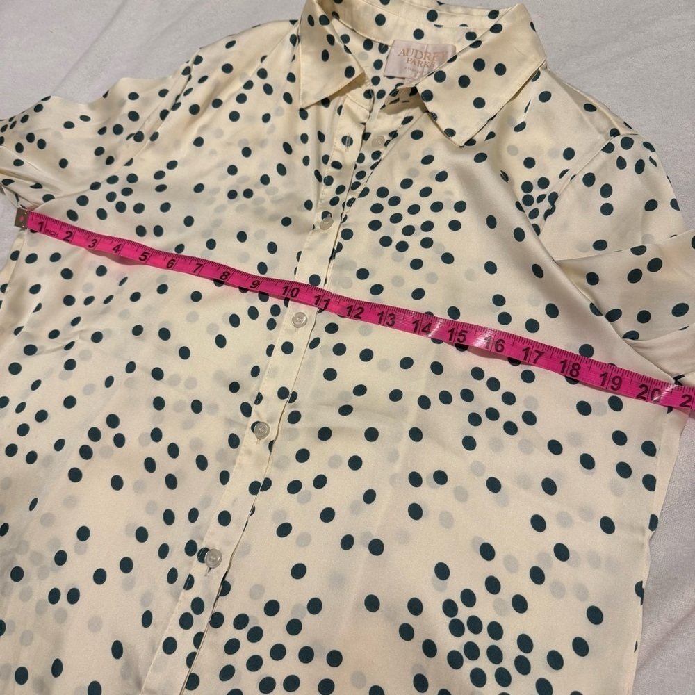 Francesca’s Audrey Parks Satin Button Down Blouse in Cream & Forest Green - Picture 5 of 9